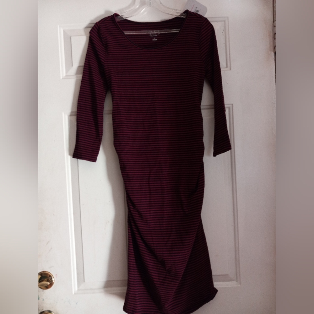 Isabel Maternity Midi Dress Women's XS Red Black Stretchy Striped Shirred NEW